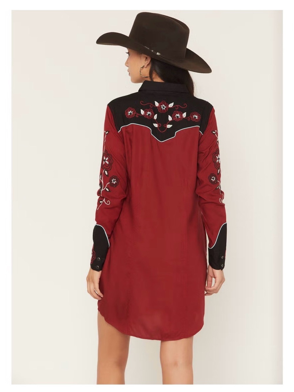 Embroidered Red Western Shirt Dress with Black Yoke embroidered rodeo - Picture 3 of 11
